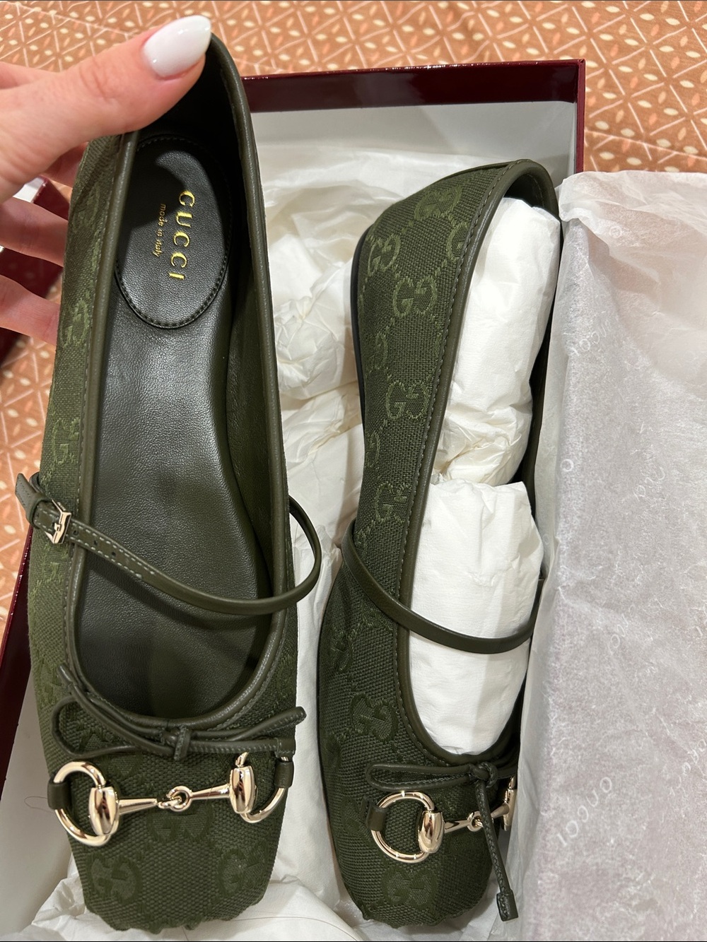 Gucci Olive Green GG Canvas Horsebit Mary Jane Flats